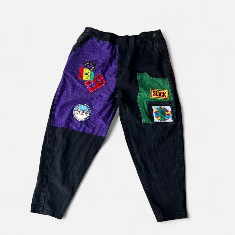 90s Retro vintage patchwork XL unisex Slick jeans with button sides